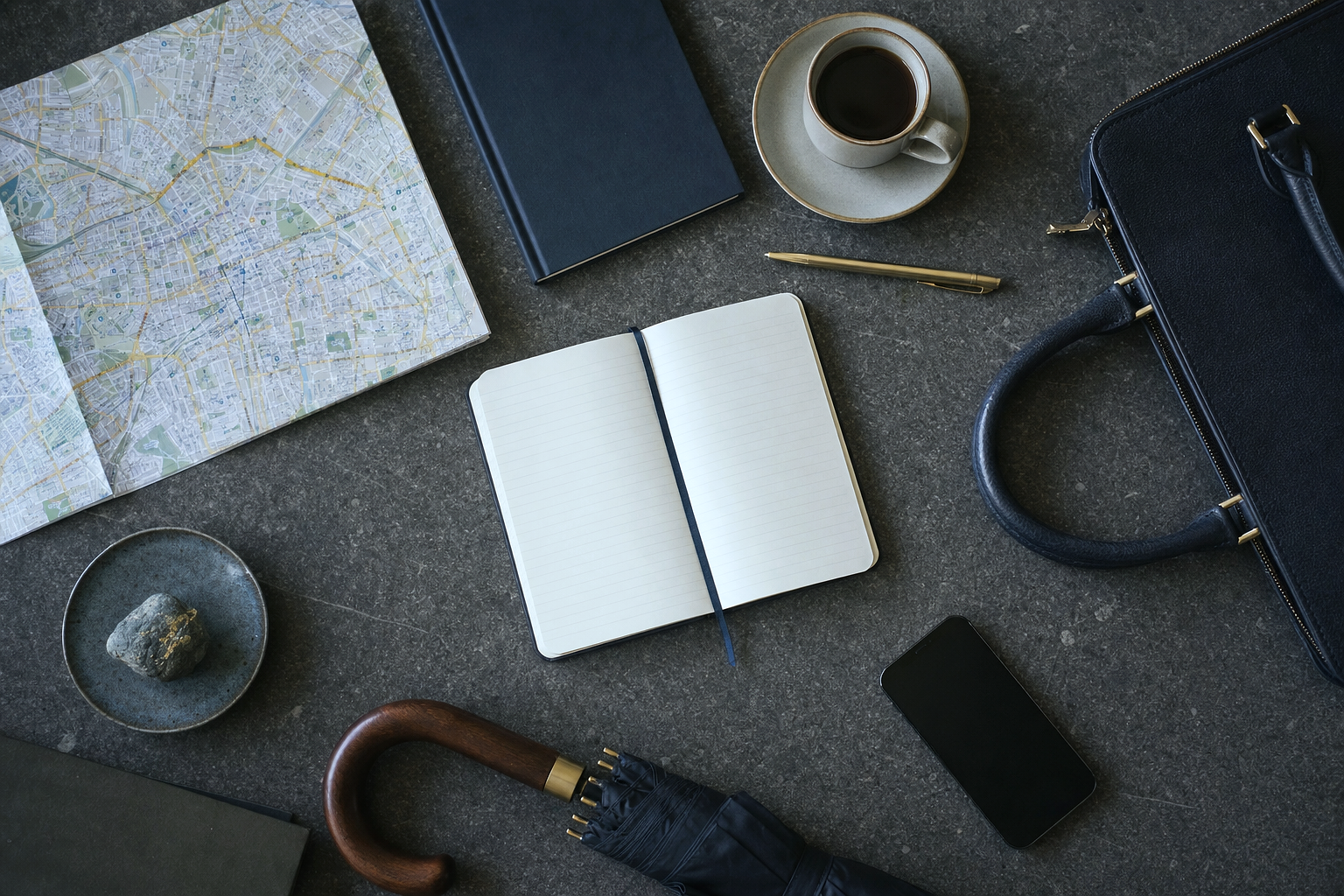 Blackstone Solicitors Manchester, Greater Manchester and North West England — OVERHEAD CONCEPTUAL FLAT-LAY of objects representing the area's character